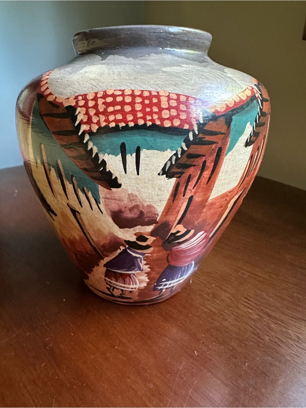 Vtg Mexican Folk Art Pottery‎ Vase Hand Painted Signed Guerrero Village Scene